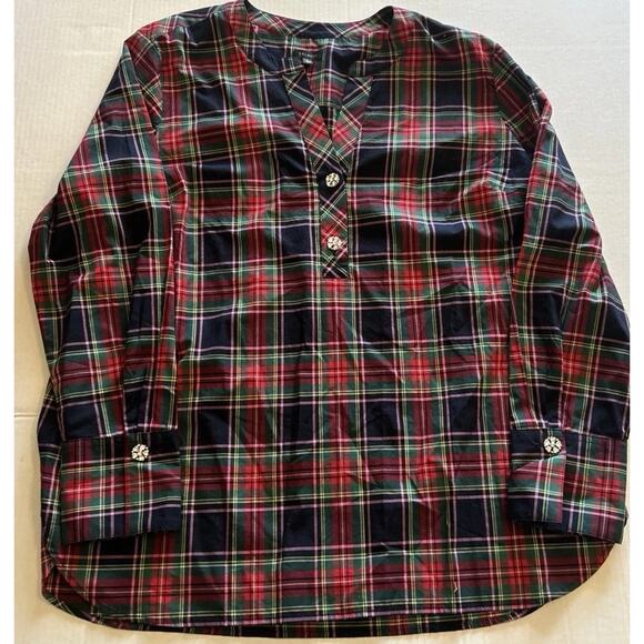 Talbots Red Tartan Plaid Shirt Sz XL Pullover Rhinestone Buttons Accent Holiday - Picture 2 of 12